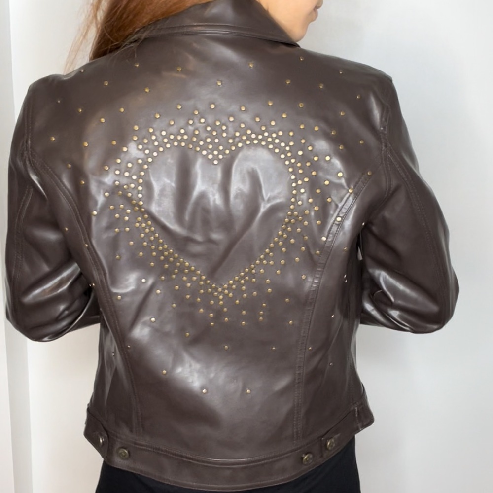 Vintage Moschino Jeans faux brown leather jacket studded heart jacket 10